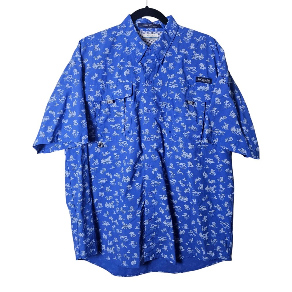 Columbia L PFG Performance Fishing Gear Shirt Blue Vented Short Sleeve‎ Nylon